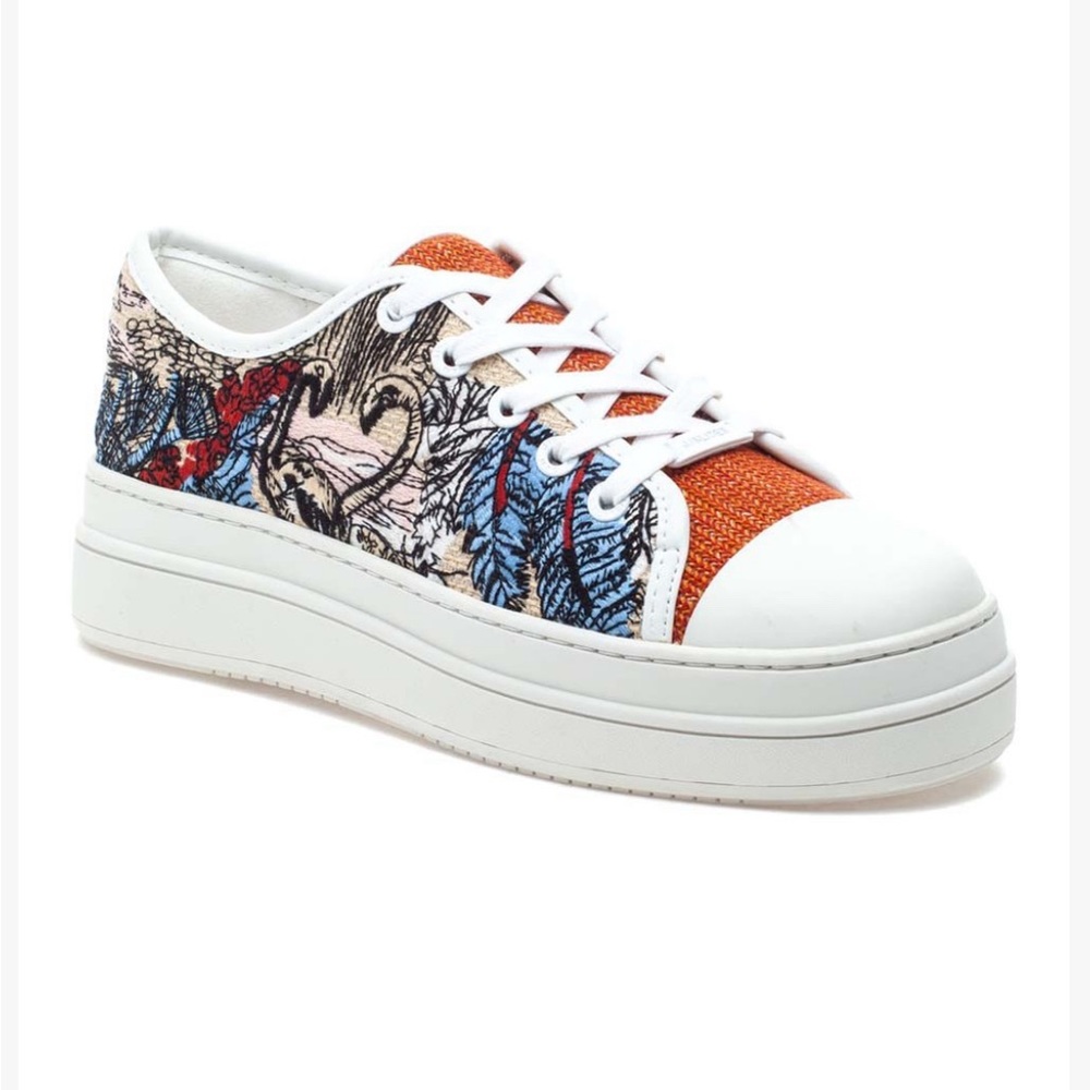 J Slides Nikki Platform Sneakers Orange Blue Embroidered Tropical Design Women 7